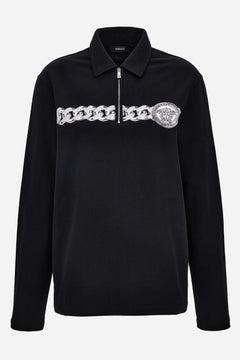 Polo In Organic Cotton Sweatshirt Fabric Chain Print-Zip Collar