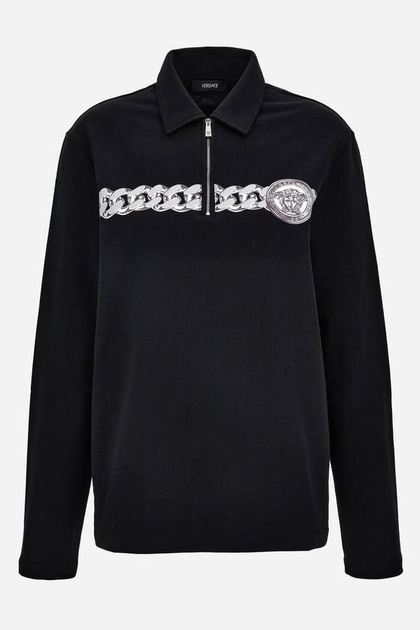 Polo In Organic Cotton Sweatshirt Fabric Chain Print-Zip Collar