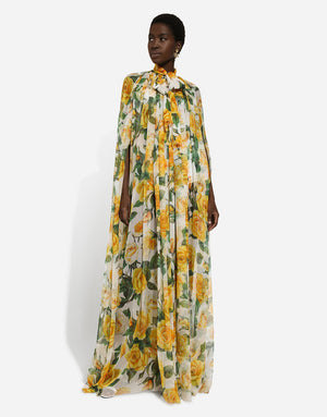 SILK CHIFFON CAPE WITH YELLOW ROSE PRINT