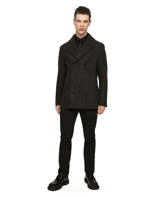 DOUBLE-BREASTED WOOL PEA COAT WITH BRANDED TAG