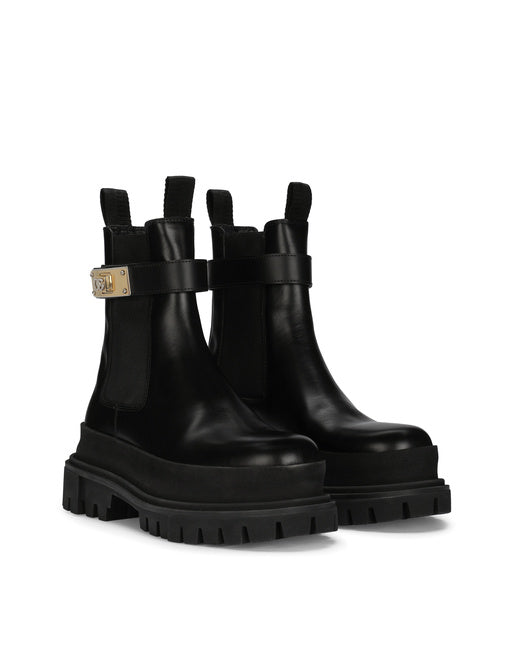CALFSKIN ANKLE BOOTS WITH BRANDED STRAP