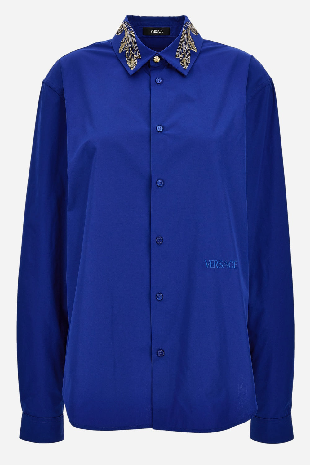 Informal Shirt In Poly Cotton Poplin Fabric-Leaf Embroidery Collar-Versace Emb.