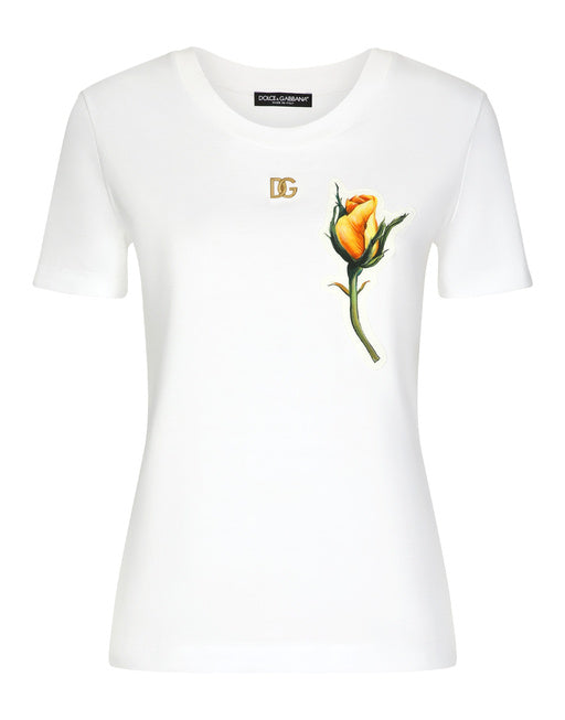 JERSEY T-SHIRT WITH DG LOGO AND YELLOW ROSE-EMBROIDERED PATCH