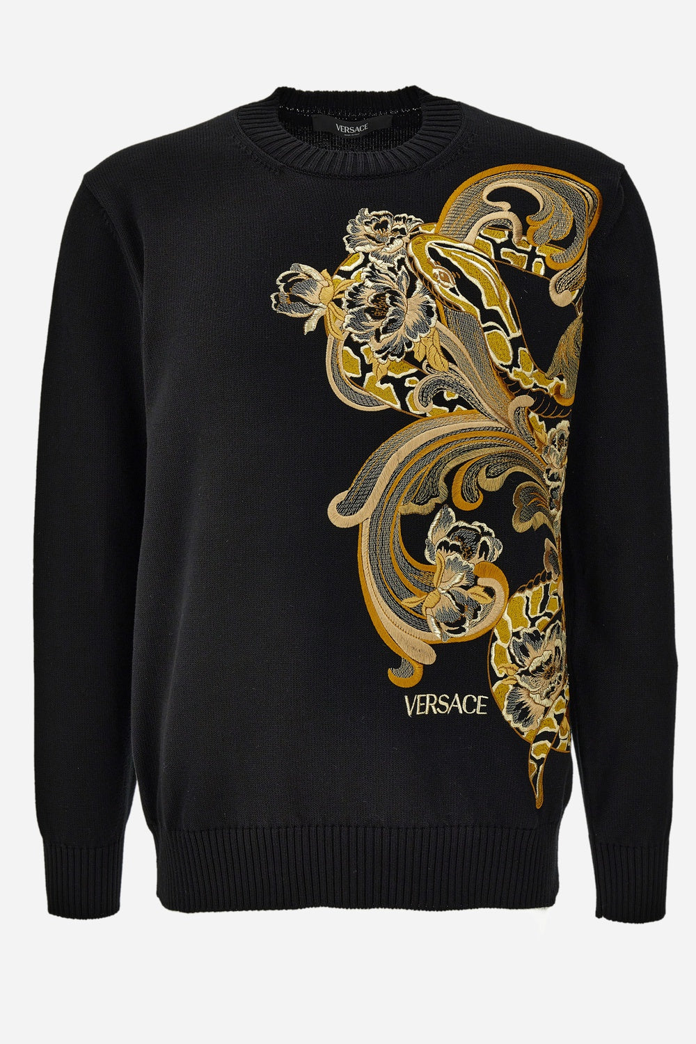 Knit Sweater In Golden Snake Embroidery Organic Cotton