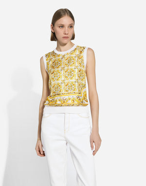SLEEVELESS SILK SWEATER WITH MAJOLICA-PRINT SILK TWILL PANEL ON THE FRONT
