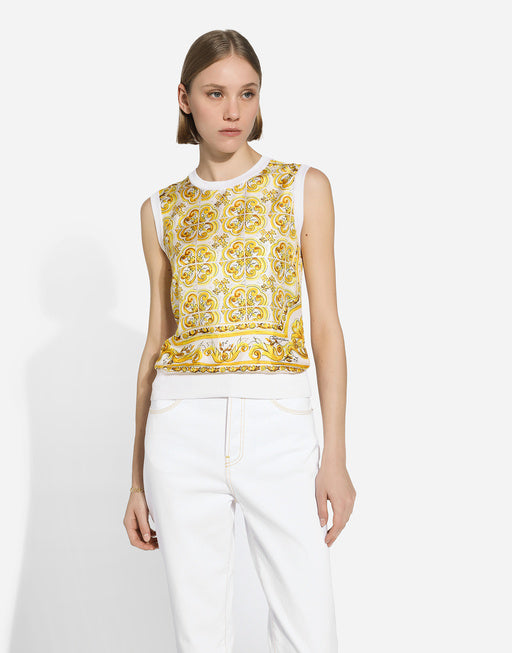 SLEEVELESS SILK SWEATER WITH MAJOLICA-PRINT SILK TWILL PANEL ON THE FRONT