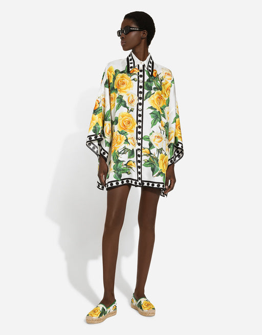 OVERSIZE SILK SHIRT WITH YELLOW ROSE PRINT