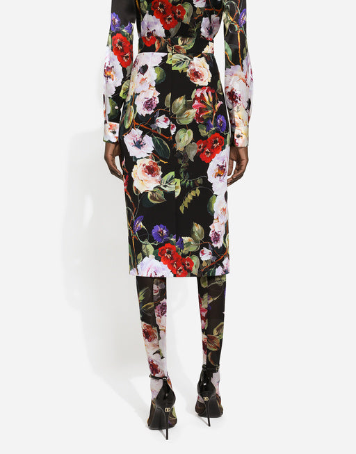 CHARMEUSE CALF-LENGTH SKIRT WITH ROSE GARDEN PRINT