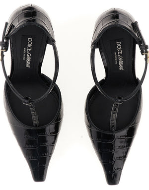 CROCODILE-PRINT CALFSKIN T-BAR PUMPS