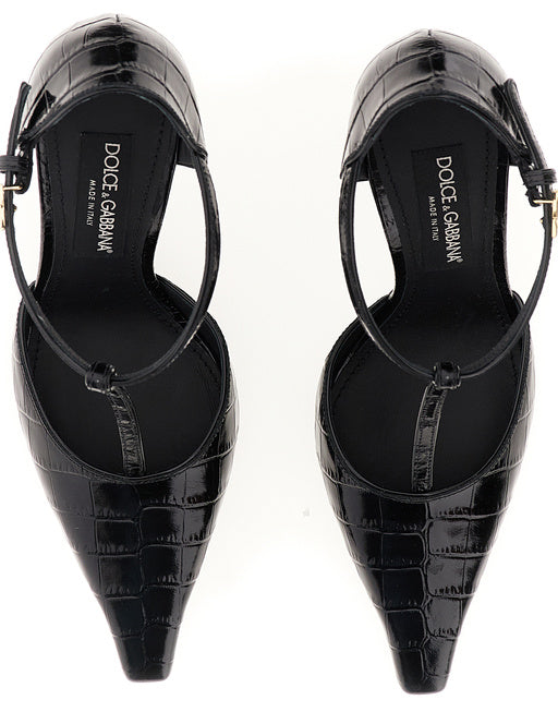 CROCODILE-PRINT CALFSKIN T-BAR PUMPS