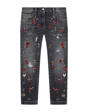 JEANS WITH MULTI-COLORED FUSIBLE RHINESTONE APPLIQUÉ