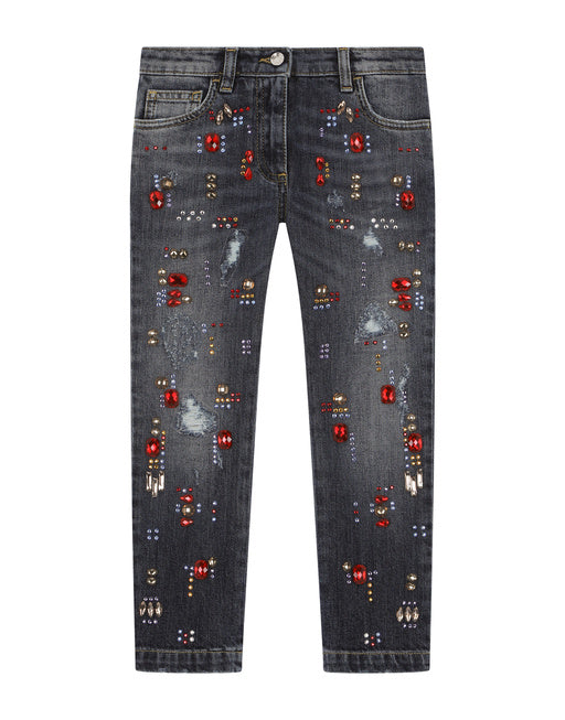 JEANS WITH MULTI-COLORED FUSIBLE RHINESTONE APPLIQUÉ