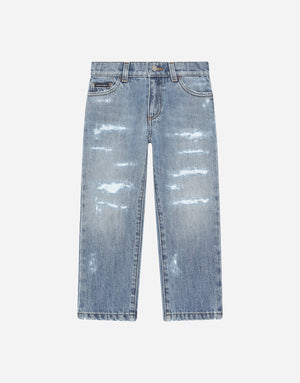 WASHED DENIM JEANS WITH ABRASIONS