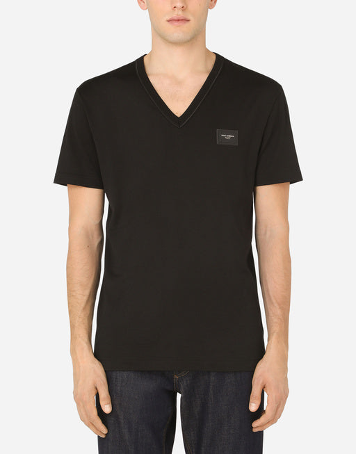 V-NECK COTTON T-SHIRT WITH LOGO PLAQUE
