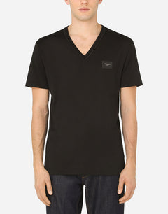 V-NECK COTTON T-SHIRT WITH LOGO PLAQUE