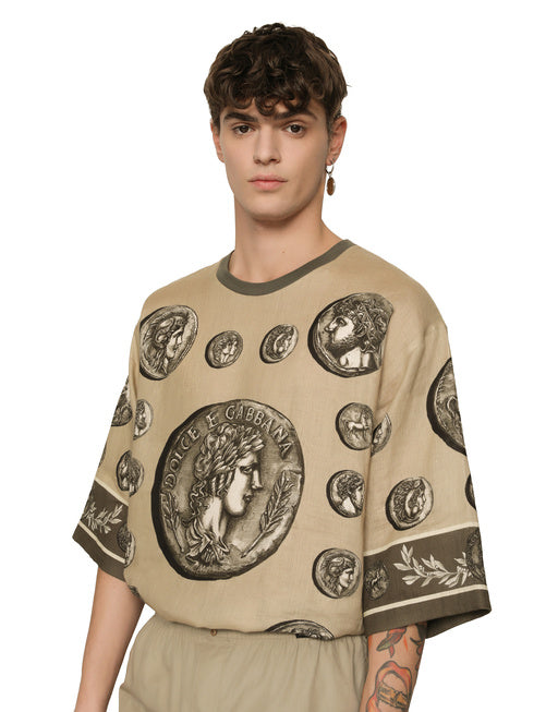 COIN PRINT LINEN AND COTTON T-SHIRT