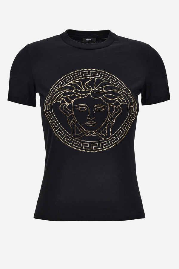 T-Shirt In Cotton Jersey Fabric With Medusa Rhinestone Embroidery-Studs