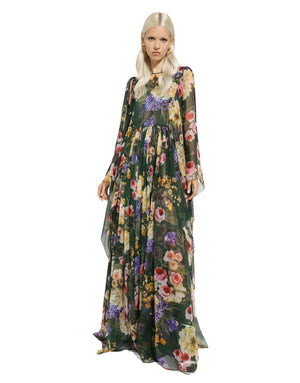 LONG GARDEN-PRINT CHIFFON DRESS