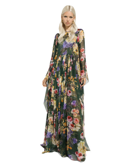 LONG GARDEN-PRINT CHIFFON DRESS