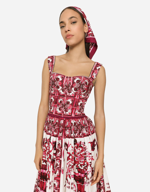 MIDI CORSET DRESS IN COTTON POPLIN WITH MAJOLICA PRINT