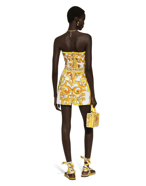 SHORT DRESS WITH CORSET BODICE IN MAJOLICA-PRINT BROCADE