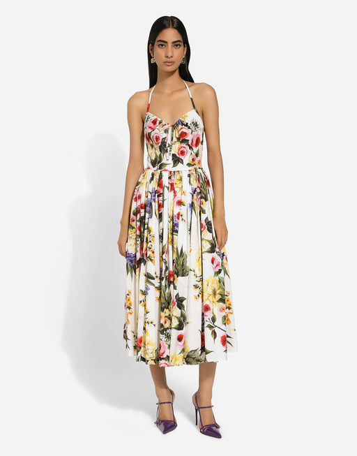 CALF-LENGTH COTTON DRESS WITH GARDEN PRINT