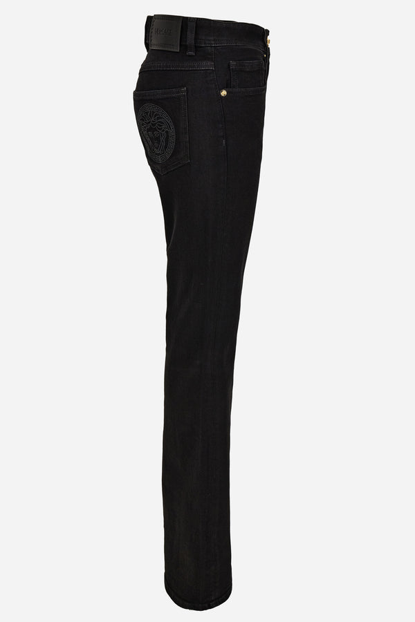 Pant Denim In Denim Stretch Rinse Wash With Medusa- Greca Embroidery