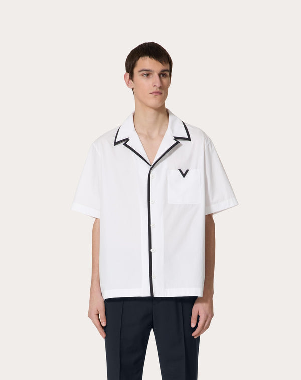 Camicia Da Bowling In Popeline Di Cotone Con V Detail Gommata
