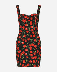 SHORT CHERRY-PRINT CHARMEUSE DRESS