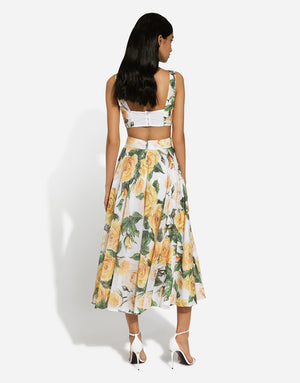 SEQUINED MIDI CIRCLE SKIRT WITH YELLOW ROSE PRINT