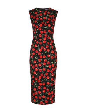 CHERRY-PRINT CHARMEUSE MIDI DRESS