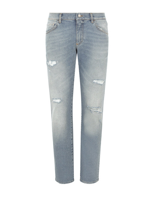 WASHED STRETCH DISTRESSED SLIM  JEANS
