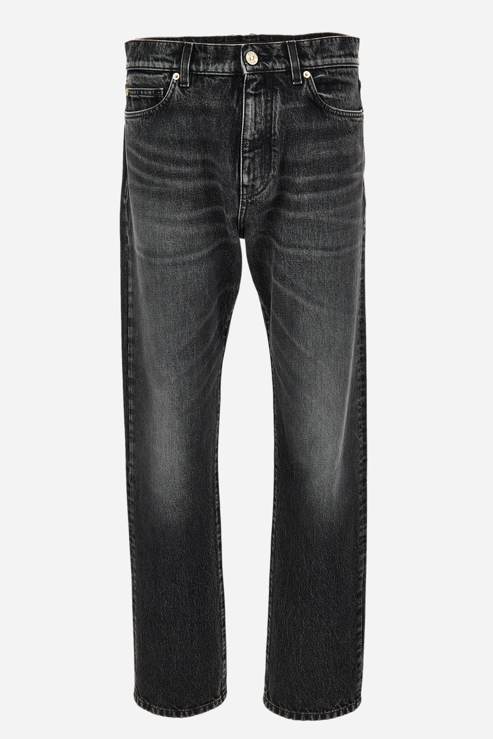 Pant Denim In Stone Wash Black Denim Fabric-Embossed Embroidery