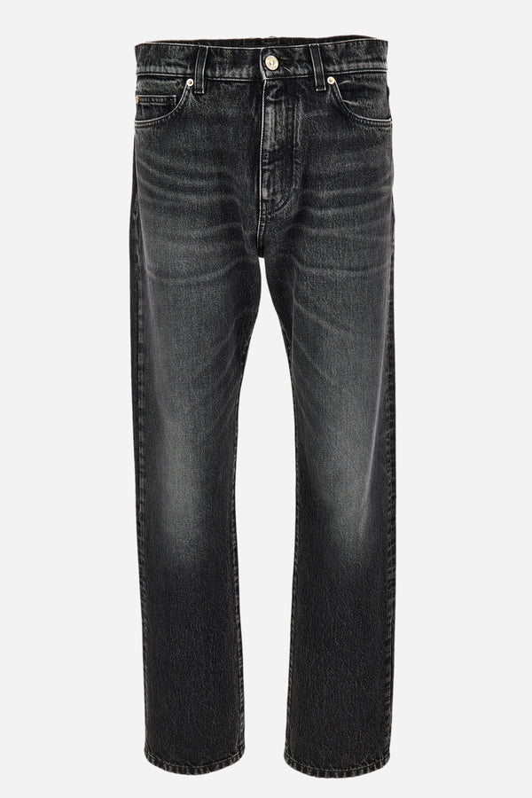 Pant Denim In Stone Wash Black Denim Fabric-Embossed Embroidery