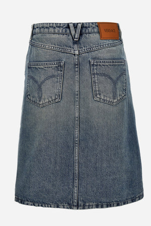 Skirt Denim In Denim Washed Medium Blue With Embossed Barocco
