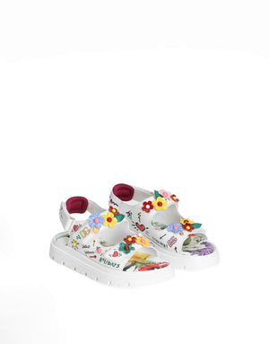 PRINTED CALFSKIN SANDALS WITH FLOWERS AND DG LOGO