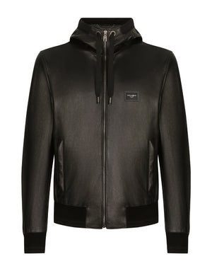 LEATHER JACKET WITH HOOD AND LOGO PLAQUE