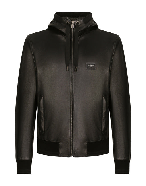 LEATHER JACKET WITH HOOD AND LOGO PLAQUE
