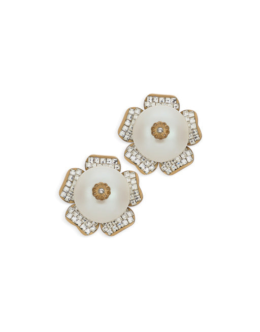 STUD EARRINGS FLOWER WITH PEARL AND RHINESTONE