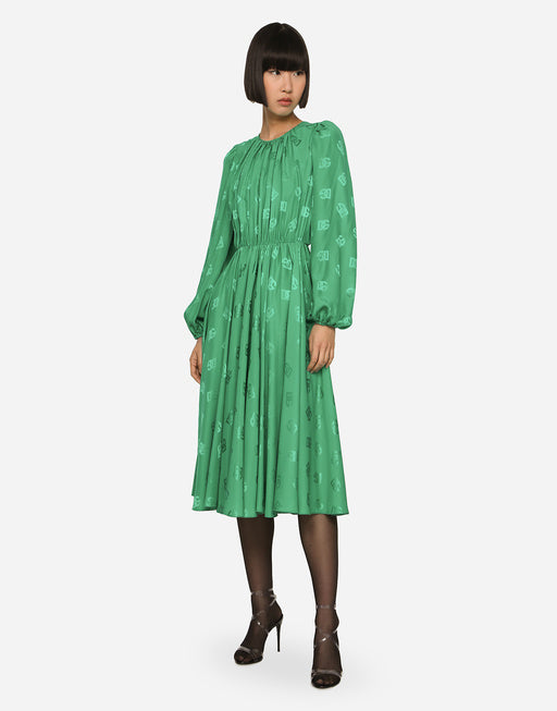 SILK CALF-LENGTH DRESS WITH ALL-OVER DG LOGO