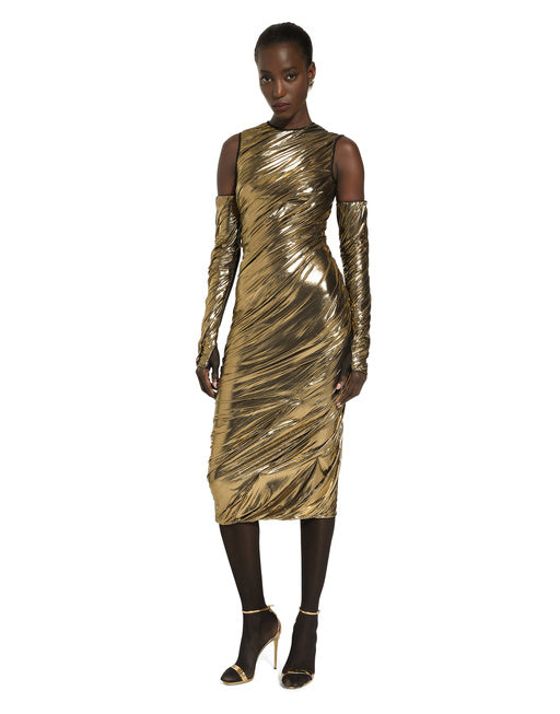 FOILED ORGANZINE CALF-LENGTH DRESS WITH GLOVES