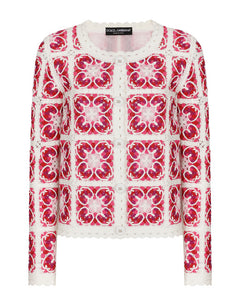 BRICK-STITCHED CROCHET CARDIGAN WITH MAJOLICA PRINT
