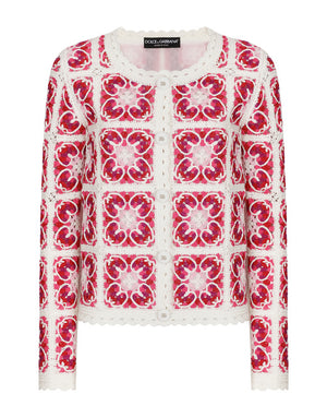 BRICK-STITCHED CROCHET CARDIGAN WITH MAJOLICA PRINT