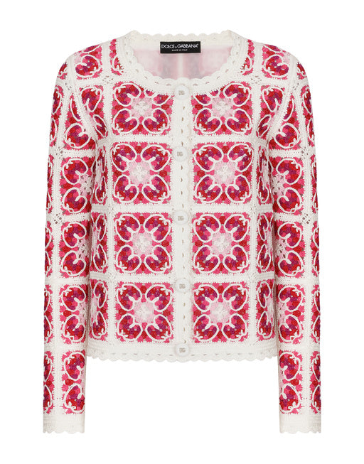 BRICK-STITCHED CROCHET CARDIGAN WITH MAJOLICA PRINT