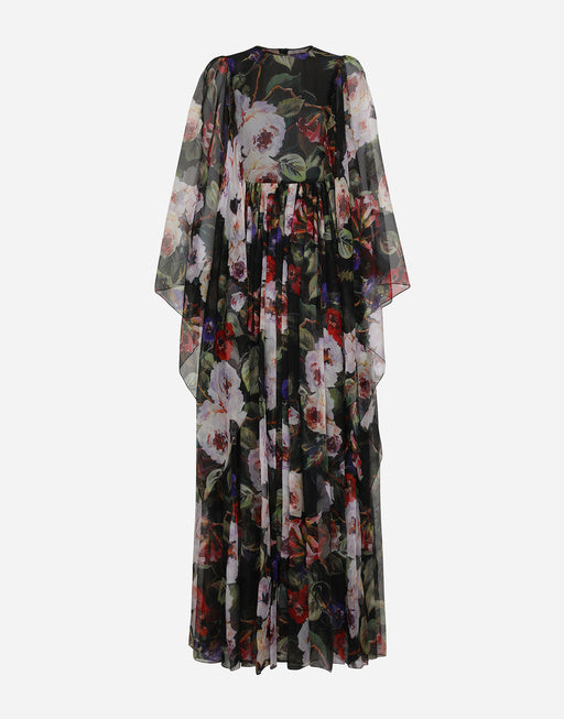 LONG CHIFFON DRESS WITH ROSE GARDEN PRINT