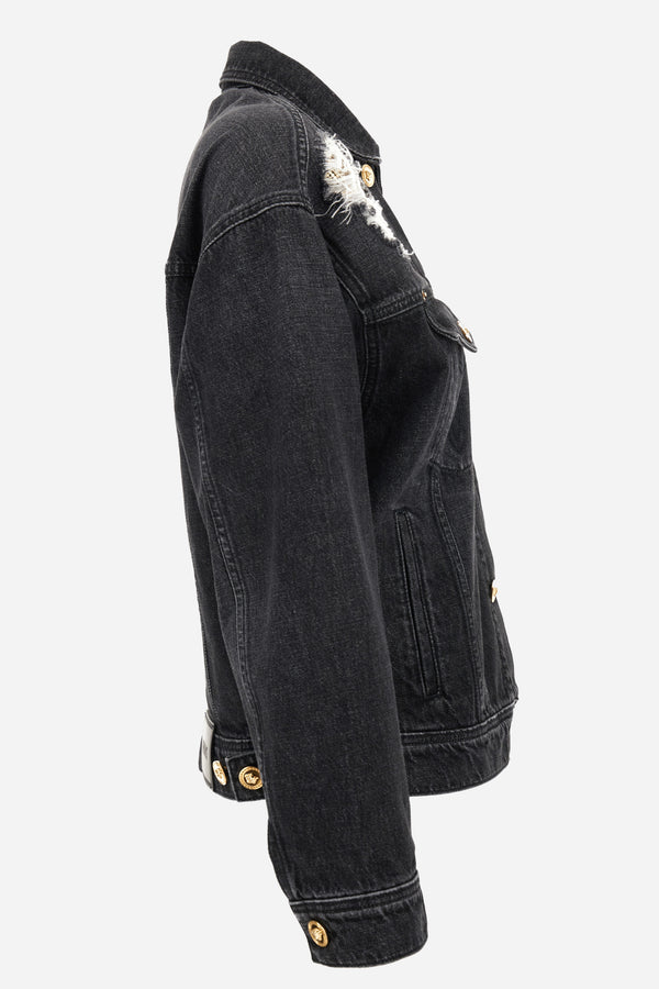 Blouson Denim In Washed Black Used Effect With Metal Mesh Insert