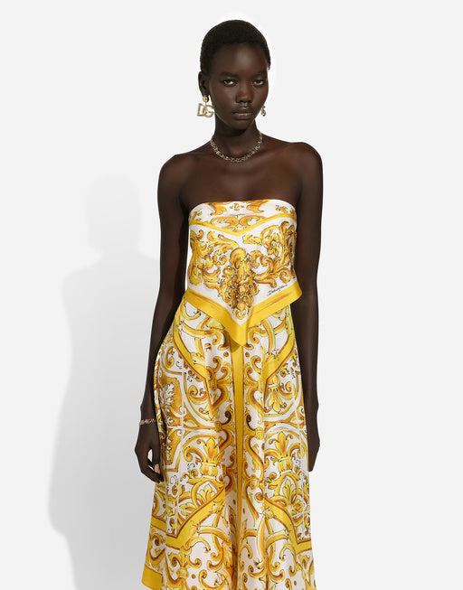 MIDI DRESS WITH FOULARD EFFECT IN MAJOLICA-PRINT SILK CHARMEUSE