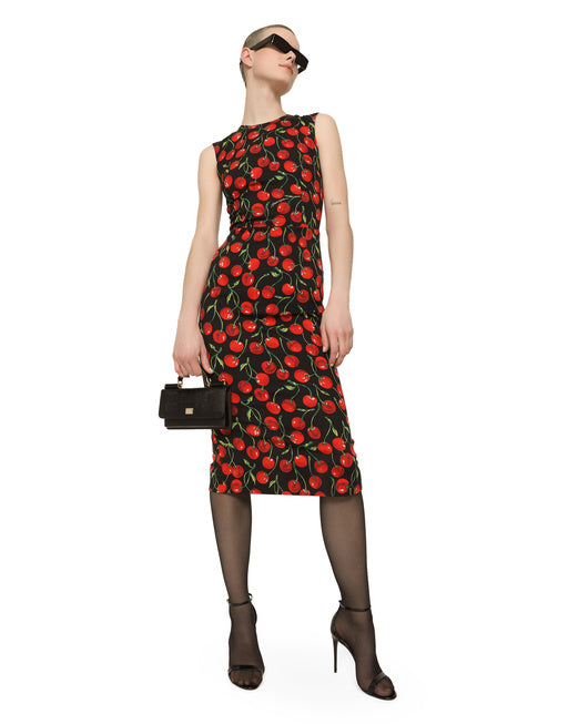 CHERRY-PRINT CHARMEUSE MIDI DRESS