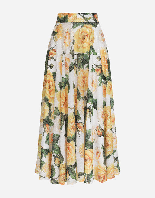 SEQUINED MIDI CIRCLE SKIRT WITH YELLOW ROSE PRINT