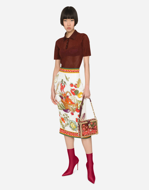 VEGETABLE-PRINT CHARMEUSE CALF-LENGTH SKIRT